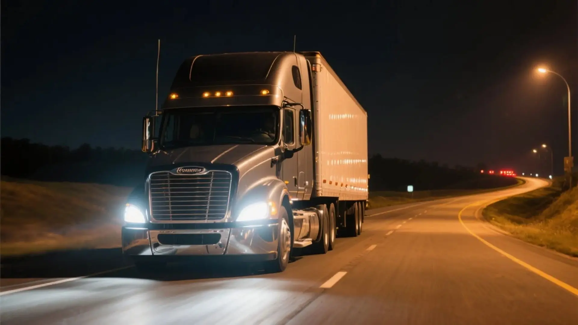 Tractocamión Freightliner o Kenworth conduciendo de noche por una autopista, con faros LED iluminando intensamente el camino, representando seguridad y visibilidad para el operador.