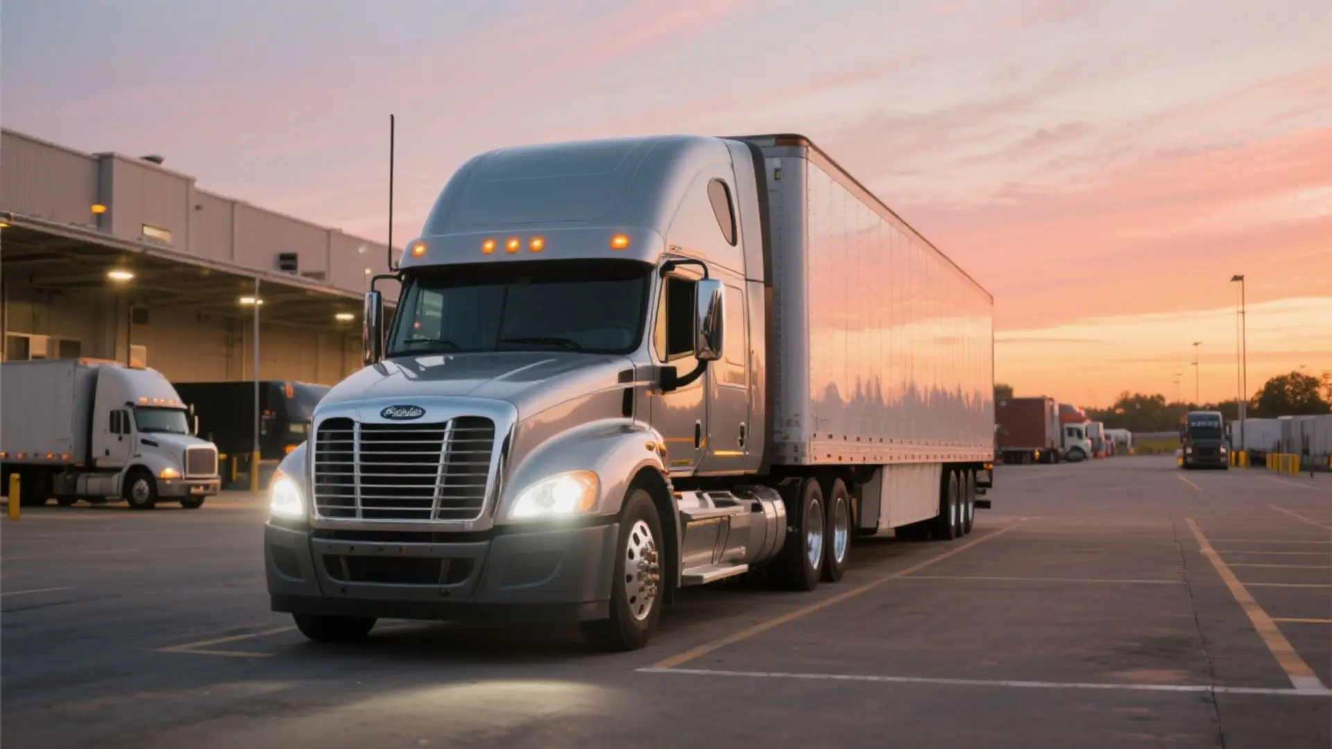 Tractocamión Freightliner o Kenworth limpio y bien mantenido, estacionado en un patio de mantenimiento al amanecer, con luces LED encendidas, reflejando profesionalismo y eficiencia en la gestión de flotas.