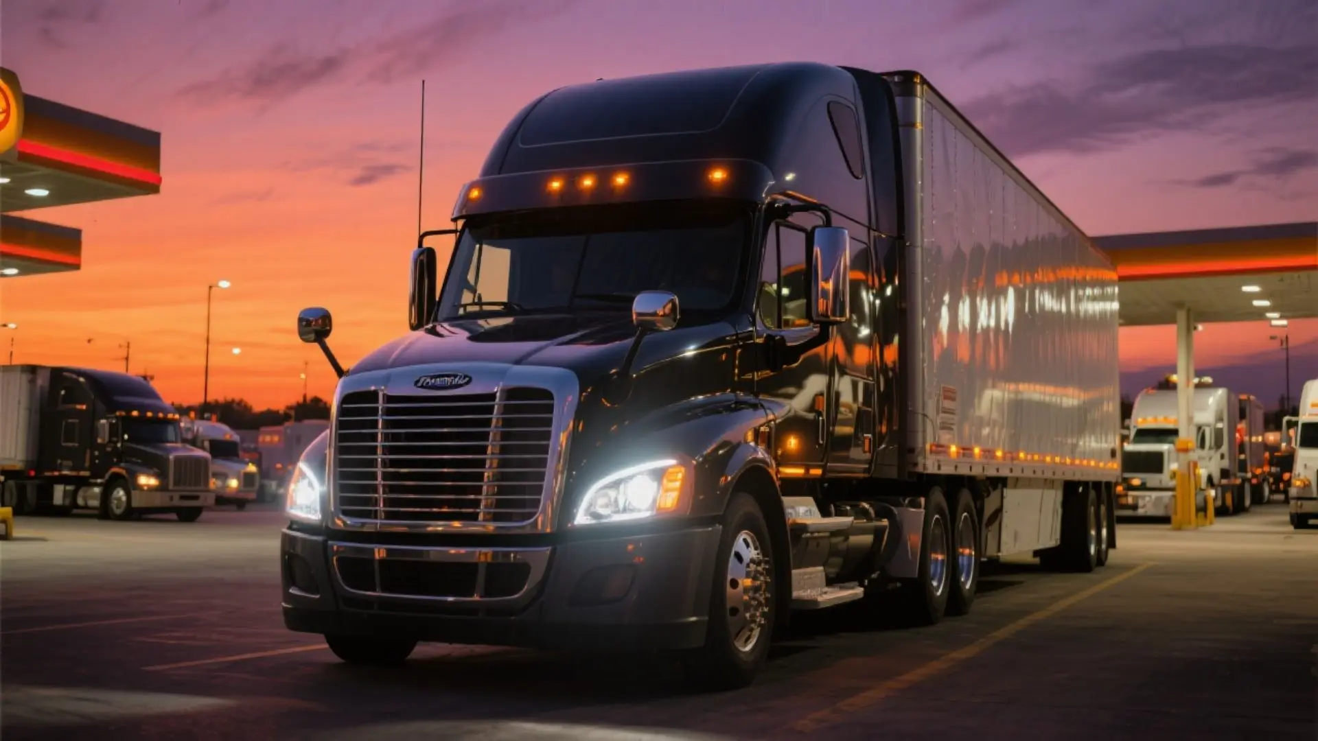 Tractocamión Freightliner o Kenworth estacionado en una parada de camiones al anochecer, con luces LED encendidas, transmitiendo eficiencia energética y tecnología moderna en la operación diaria.