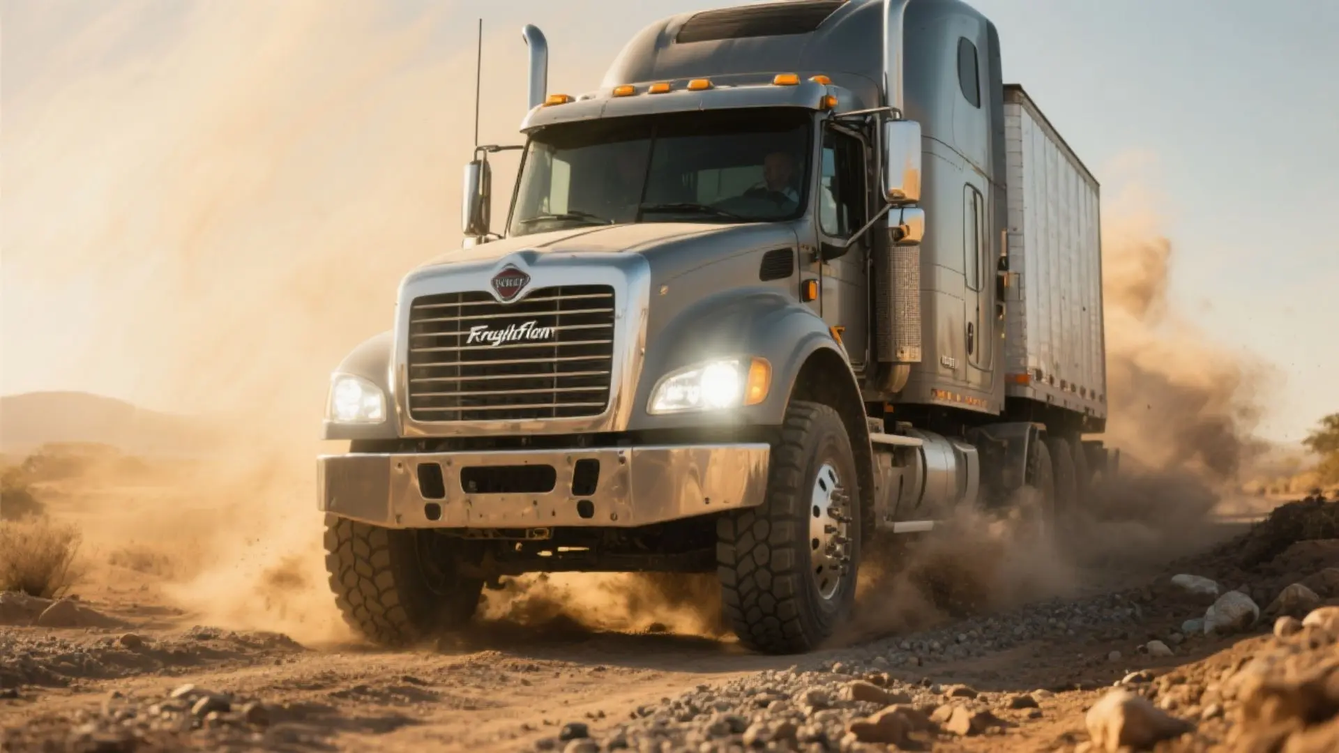 Tractocamión Freightliner o Kenworth sobre un camino de grava y polvo, con luces LED brillando, mostrando robustez, durabilidad y capacidad para trabajo pesado en condiciones exigentes.
