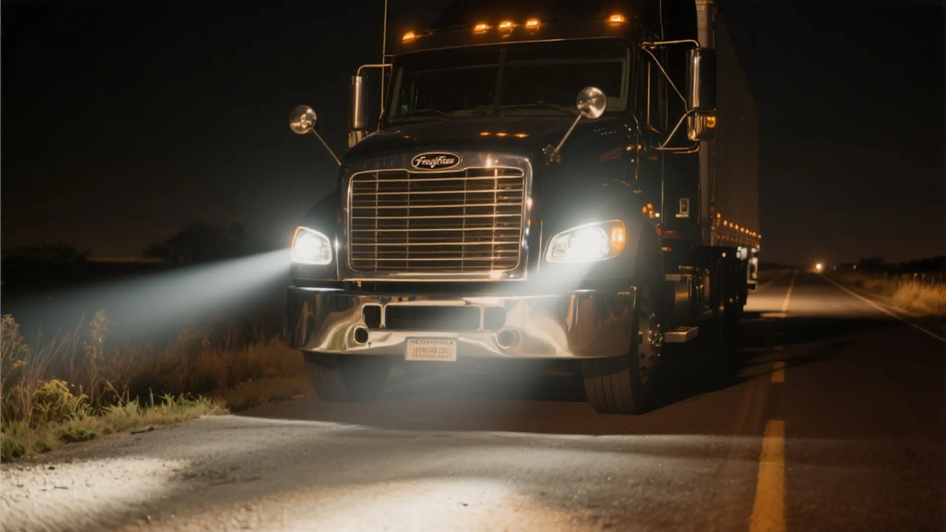  Primer plano del frente de un tractocamión con faros spot encendidos, mostrando un haz de luz estrecho y potente que se extiende a lo largo de una carretera rural oscura, ideal para detectar obstáculos lejanos.